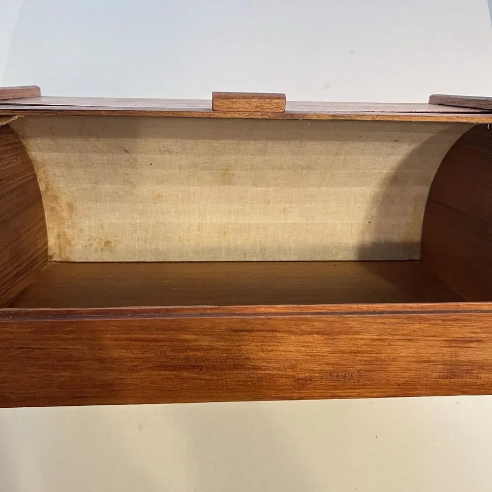 Vintage MCM Teak Tambour Wooden Roll Top Bread Box Baker Heart Stuart